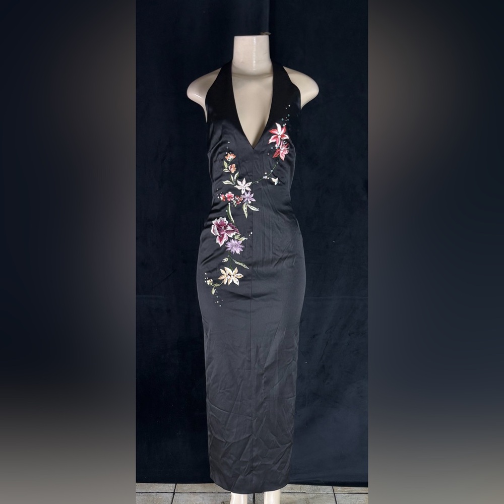 Women’s Black One-Shoulder Floral-Embroidered Halter Dress